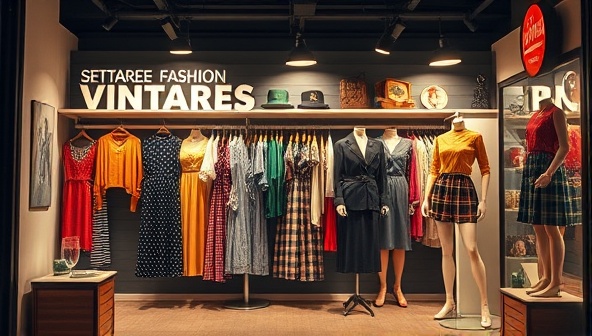 A retro-themed digital storefront displaying a collection of vintage clothing items, accessories, and retro-inspired mannequins, creating a nostalgic and stylish atmosphere that resonates with vintage fashion enthusiasts.
