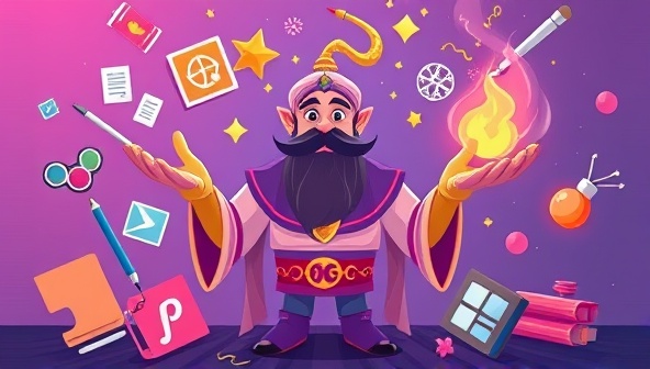 An imaginative illustration of a design genie granting wishes related to web design, surrounded by design tools, color palettes, and inspirational elements, symbolizing the personalized and magical consultation services of DesignGenieConsult.