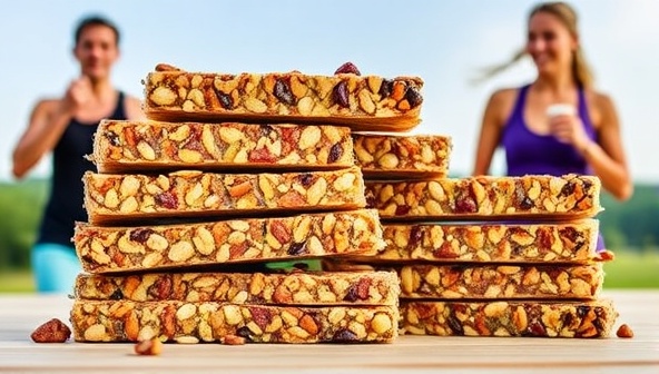 An energizing image of Vitality Fuel Bars stacked neatly in a row, showcasing the vibrant colors and textures of the nutrient-dense ingredients like nuts, seeds, and dried fruits, with a backdrop of active individuals enjoying the bars during workouts or outdoor activities, emphasizing the healthy and convenient nature of the meal replacement bars.