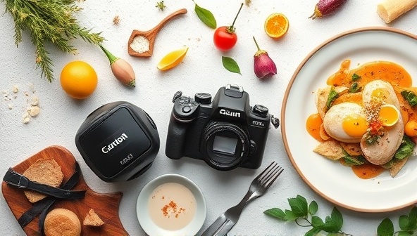 An aesthetically pleasing flat lay setup with a camera, various food props, and a beautifully plated dish, capturing the essence of a food photography studio and inviting viewers to explore their creative skills with FoodFrameFocus.
