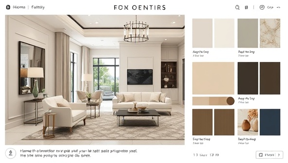 An elegant and modern living room design displayed on a virtual mood board, featuring furniture, color schemes, and decor elements, highlighting the transformative impact of interior design on real estate properties and attracting design enthusiasts and property owners.