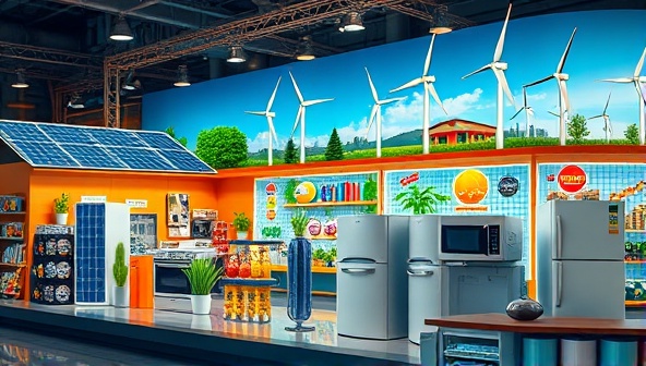 An eye-catching visual featuring a diverse array of renewable energy products like solar panels, wind turbines, and energy-efficient appliances displayed on a virtual marketplace platform, illustrating a one-stop shop for sustainable living solutions.