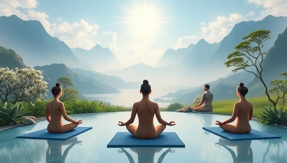 A serene virtual retreat setting featuring tranquil landscapes, soothing nature sounds, and peaceful meditation spaces where digital avatars engage in mindfulness practices, yoga poses, and relaxation exercises, creating a virtual sanctuary for inner peace and mental rejuvenation in a calming and rejuvenating virtual oasis.