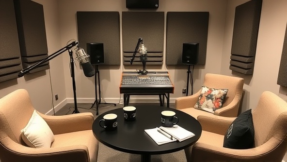 A podcast recording studio setup with professional microphones, soundproofing panels, and a mixing console, surrounded by cozy chairs and a table with branded mugs and notebooks, creating a welcoming and professional podcasting environment.