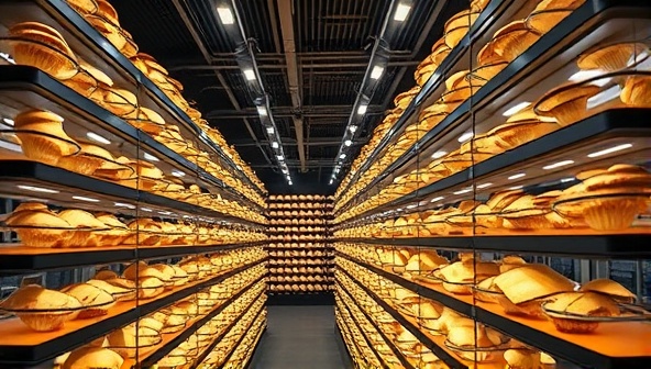 An innovative and futuristic indoor vertical mushroom farm design, featuring rows of mushroom trays stacked vertically under controlled LED lighting, creating a visually striking and efficient growing system that reflects sustainability and innovation.