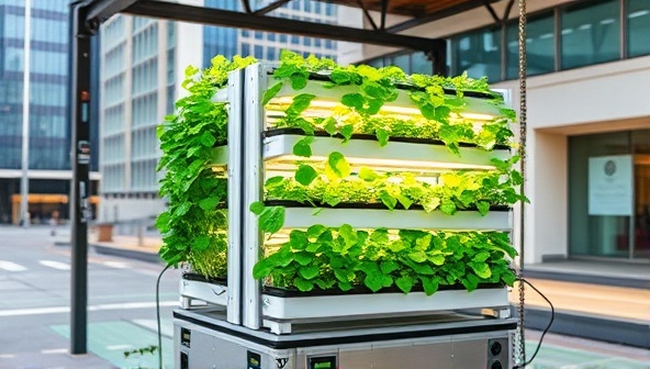 An urban setting with a compact vertical farming system in action, showcasing the efficient use of space and resources in growing fresh produce, illustrating the potential of SkyHarvest Innovations' urban farming solutions in sustainable food production.