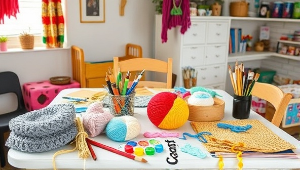 A colorful and inviting craft room setup with a variety of CraftBox Creations projects in progress, including knitting needles, paintbrushes, and unfinished crafts displayed on a cozy table, inspiring creativity and handmade artistry.