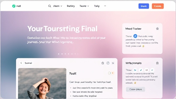 A digital interface showcasing a user-friendly journaling platform with customizable themes, mood trackers, and interactive writing prompts, creating a serene and personalized space for users to express themselves digitally.