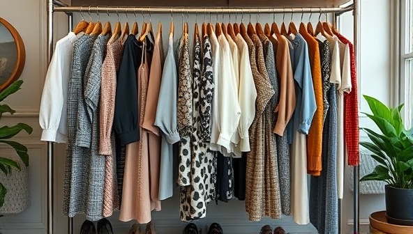 A stylish wardrobe filled with high-end designer pieces and vintage gems, displayed in a modern and eco-friendly setting, conveying the message of sustainable fashion and conscious consumer choices.