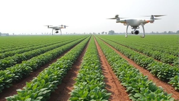 An expansive farmland with rows of crops being monitored by drones in flight, capturing detailed images of plant health and growth patterns, illustrating the efficiency and precision of agricultural drone services.