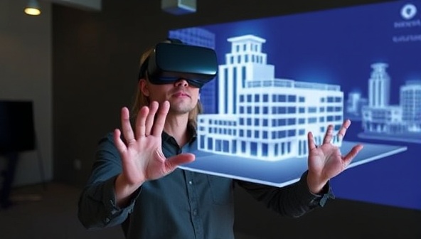 An architectural designer wearing a VR headset, gesturing and interacting with a virtual building model projected in front of them, showcasing the futuristic and innovative aspect of VR architectural design.