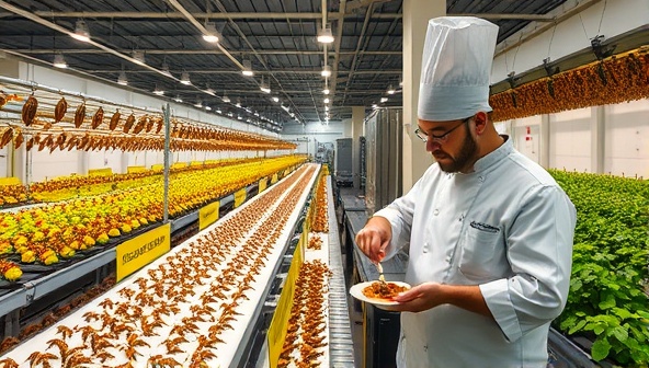 An insect farming facility with rows of insect habitats and processing equipment, showcasing the sustainable and efficient production of insect protein, with a chef creating gourmet dishes using insect-based ingredients in a modern kitchen setting, illustrating innovation and sustainability in food production.