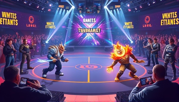 A dynamic visual of a virtual battle arena with gaming avatars from different titles facing off in a competitive tournament setting, surrounded by cheering spectators and dazzling digital effects.
