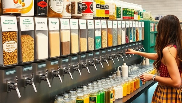 A community refill station featuring rows of dispensers filled with various eco-friendly products like detergents, shampoos, grains, and oils, accompanied by colorful reusable containers and eco-conscious shoppers filling up their jars, promoting a green lifestyle.