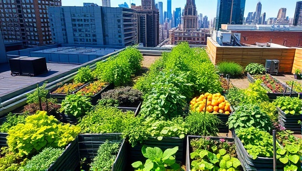 An aerial view of a lush rooftop garden filled with a variety of vegetables, herbs, and flowers grown by members of the Sky Harvest Co-op, with city skyscrapers in the background, showcasing sustainable urban agriculture and community collaboration.