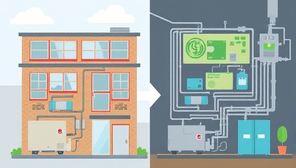 An illustration showing the before-and-after transformation of a building's HVAC system, with outdated equipment being replaced by energy-efficient components and smart controls, resulting in reduced energy consumption, lower utility costs, and a comfortable indoor environment, symbolizing sustainability and modernization.