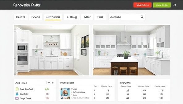 An interactive renovation planning platform displaying before-and-after visuals of a kitchen renovation project, with customizable design elements, budget breakdowns, and renovation timeline tracking tools, providing a comprehensive renovation planning experience.