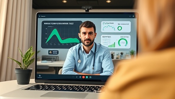 A virtual consultation setting with a professional advisor conducting an energy efficiency assessment via video call, showcasing digital energy monitoring tools, sustainability reports, and energy-saving recommendations, highlighting a modern and tech-savvy consultancy approach.