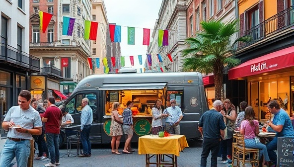 A vibrant street scene with the gourmet food truck parked in a bustling urban square, surrounded by curious customers sampling exquisite dishes, with colorful banners and seating areas creating a festive and inviting atmosphere for a unique dining experience.