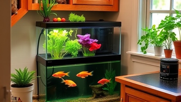 A cozy kitchen corner showcasing the AquaHarvest Home aquaponic system in action, with colorful vegetables growing above a tank of swimming fish, creating a harmonious and sustainable home farming setup.