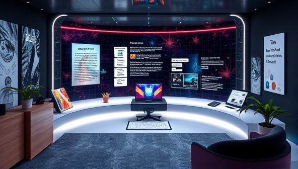 An immersive digital interface showcasing a virtual poetry writing studio with a sleek design, interactive writing tools, and a vibrant online community of poets engaging in collaborative projects and sharing creative works, capturing the essence of digital creativity and poetic expression.