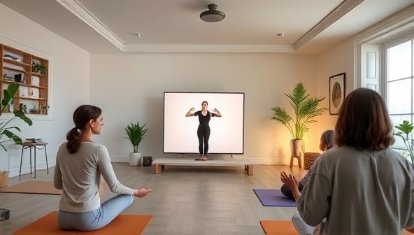 A tranquil virtual workshop space with calming decor, soft lighting, and participants engaged in mindful movement exercises led by an instructor on screen, capturing the serene and peaceful atmosphere of MindBodyFlow Online's virtual workshops.