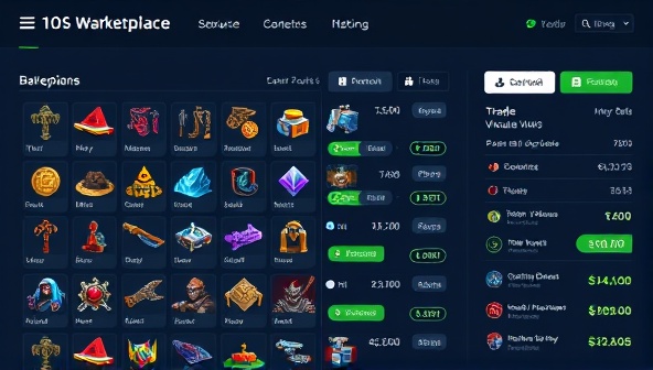 An illustration of a digital marketplace interface displaying various in-game assets available for trade, with secure blockchain verification icons, user ratings, and transaction histories, illustrating transparency and trust in virtual asset trading.
