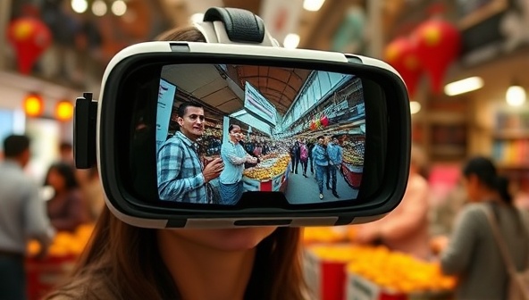 An immersive virtual reality headset displaying a live-streamed tour of a bustling market in a foreign country, with participants interacting with a local guide and fellow virtual travelers, evoking a sense of exploration and connection.