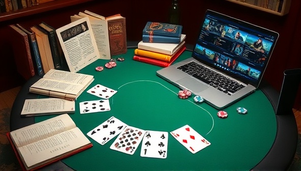An educational poker table setup with digital cards and chips, surrounded by poker strategy books, notebooks, and a laptop displaying online training videos and tutorials, showcasing the immersive and informative learning environment of the PokerPro Academy platform.