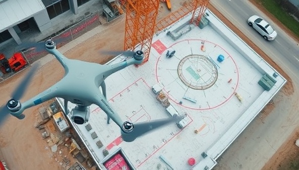 An aerial view captured by a drone showing a construction site with detailed mapping and measurements, highlighting the precision and efficiency of drone surveying technology in action.