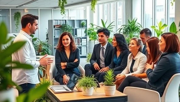 An office setting with a consultant discussing sustainability initiatives with a diverse group of business professionals, surrounded by eco-friendly office decor and plant-filled spaces, symbolizing a commitment to environmental responsibility.
