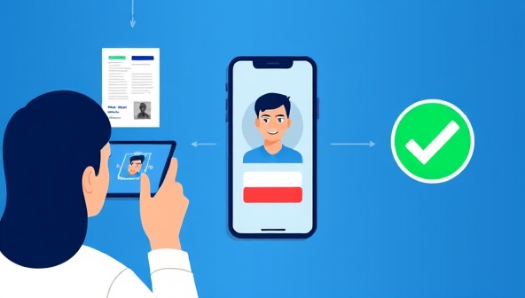 An illustration showing a seamless and secure digital identity verification process, with a user scanning a document and their face on a smartphone, while a green checkmark symbolizes successful verification, instilling trust and security.