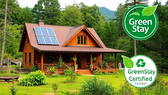 A picturesque eco-lodge nestled in a lush forest setting, showcasing solar panels, rainwater harvesting systems, and organic gardens as sustainable features, symbolizing the commitment to green practices and responsible tourism at GreenStay Certified accommodations.