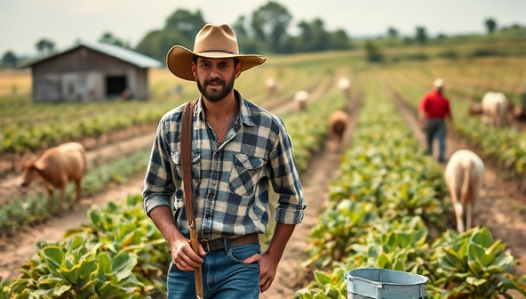 An aesthetically pleasing image featuring a farmer or agricultural worker wearing stylish and sustainable farmwear while tending to crops or livestock, blending fashion and functionality in a picturesque farm setting.