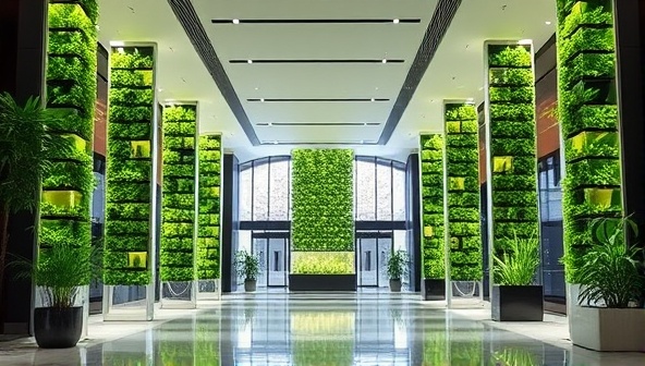 An elegant office lobby adorned with sleek vertical hydroponic towers filled with vibrant greens under soft LED lighting, creating a modern and sustainable urban oasis.
