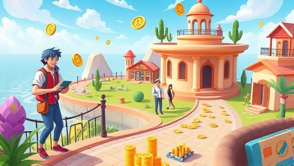 An animated depiction of users navigating through a virtual accounting world in AccoPlay Academy, solving financial puzzles, collecting coins, and interacting with accounting characters in a colorful and dynamic game environment, showcasing the gamified approach to accounting education and skill development.