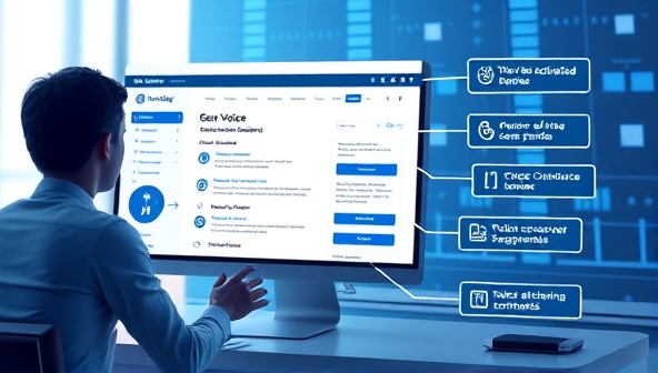 An innovative visual representation of a website interface with voice-activated commands displayed, showing a user interacting with the site through voice prompts, highlighting the convenience and futuristic nature of voice-responsive web design.