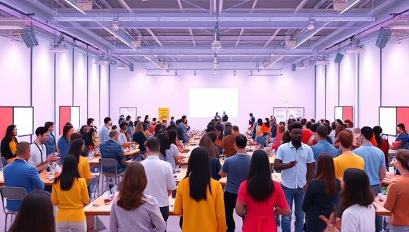 A digital rendering of a virtual event space filled with avatars representing diverse community members engaging in interactive activities and discussions, illustrating the concept of online community building.