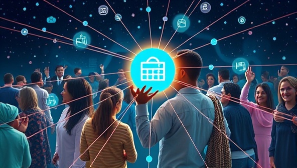 An artistic depiction of a digital marketplace connecting diverse individuals through a network of lending and borrowing interactions, symbolizing the peer-to-peer microfinance platform's community-driven approach.