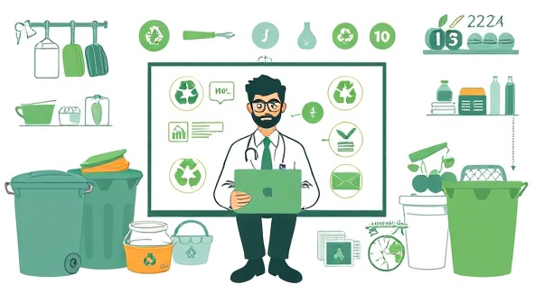 An illustration of a virtual consultation session with a waste management expert providing guidance on recycling and waste reduction strategies, surrounded by images of bins, composting tools, and eco-friendly products, reflecting the comprehensive support offered by WasteWise Solutions in optimizing waste management processes.
