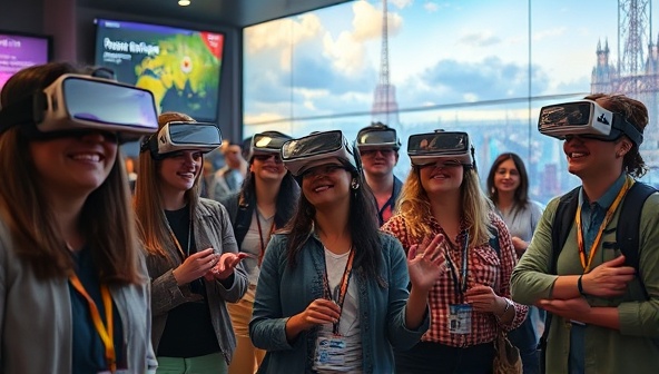 A diverse group of individuals immersed in a virtual reality world, each interacting with language puzzles and characters in different settings, showcasing the engaging and educational nature of LingoQuest Online.