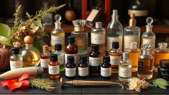An elegant and artistic display of various essential oils, fragrance notes, and blending tools arranged on a table, surrounded by botanical elements and vintage perfume bottles, evoking a sense of luxury and creativity in fragrance blending.