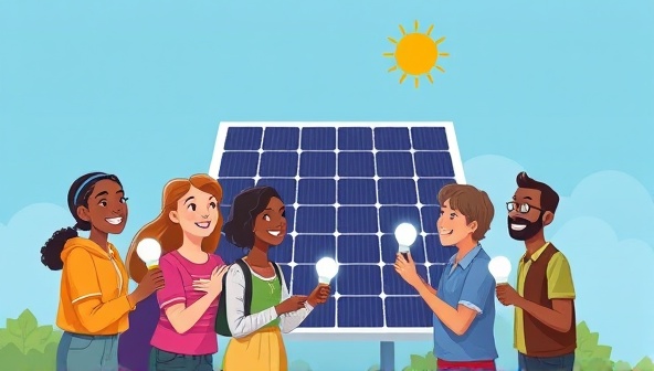 An engaging illustration featuring a diverse group of community members gathered around a solar panel installation, exchanging smiles and holding energy-saving light bulbs, reflecting the spirit of collaboration and sustainability fostered by SunShare Community's community solar subscription service.