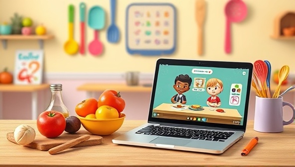 A cheerful virtual classroom setting with colorful cooking utensils, ingredients, and a laptop displaying a live cooking session with animated characters, creating a fun and interactive learning environment for kids.