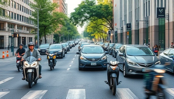 A bustling city street scene with electric vehicles, bicycles, and scooters zipping past traditional cars, showcasing a vibrant urban landscape focused on sustainable transportation options and reducing carbon emissions.