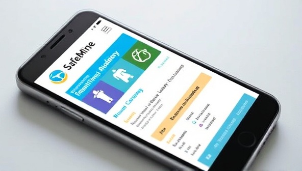 A smartphone screen displaying the SafeMine Academy app interface with interactive safety training modules, gamified challenges, and progress tracking features, engaging users in a dynamic and educational mobile experience.