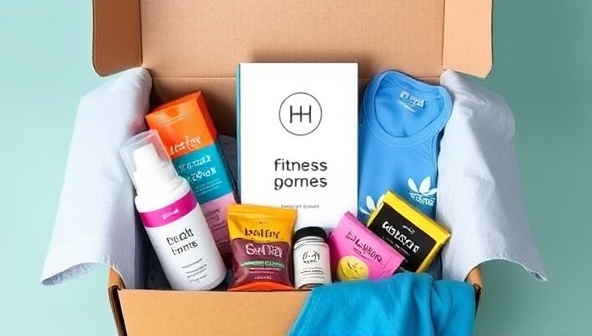 An aesthetically designed subscription box filled with colorful fitness products, workout gear, nutritious snacks, and motivational quotes, arranged neatly and elegantly to evoke a sense of anticipation and joy for the recipient opening the box.