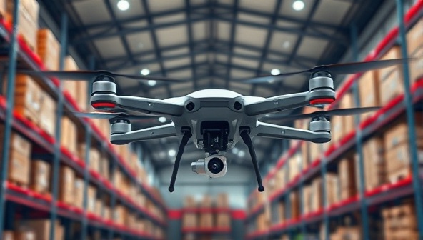 A futuristic drone hovering inside a warehouse, equipped with cameras and sensors, scanning inventory items and transmitting real-time data to a control center, illustrating the advanced and efficient monitoring capabilities of the DroneScan WareWatch service.