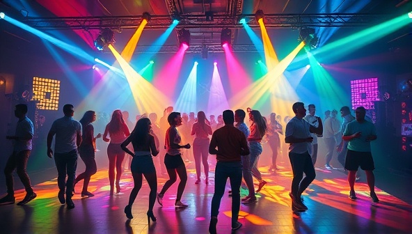 An immersive image of a lively dance floor with colorful lights and energetic dancers, showcasing the kinetic energy in action while creating a vibrant and eco-conscious atmosphere.