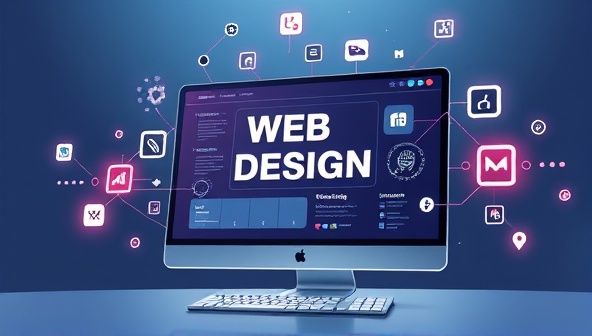 An illustration of a futuristic AI system creating a web design masterpiece, with virtual design elements floating around a computer screen, conveying innovation and creativity.